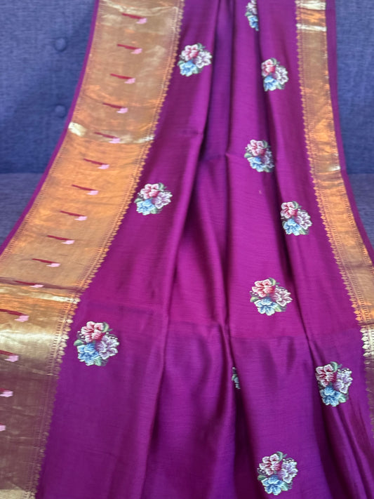 **New** Purple Benaras Silk Saree With Self Color Stitched Blouse!!