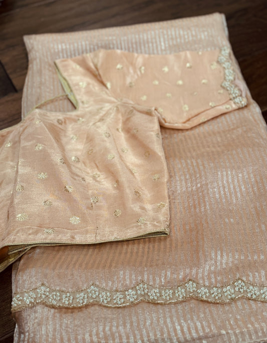 **New** Peach Chanderi Saree with Self Color Stitched Blouse!