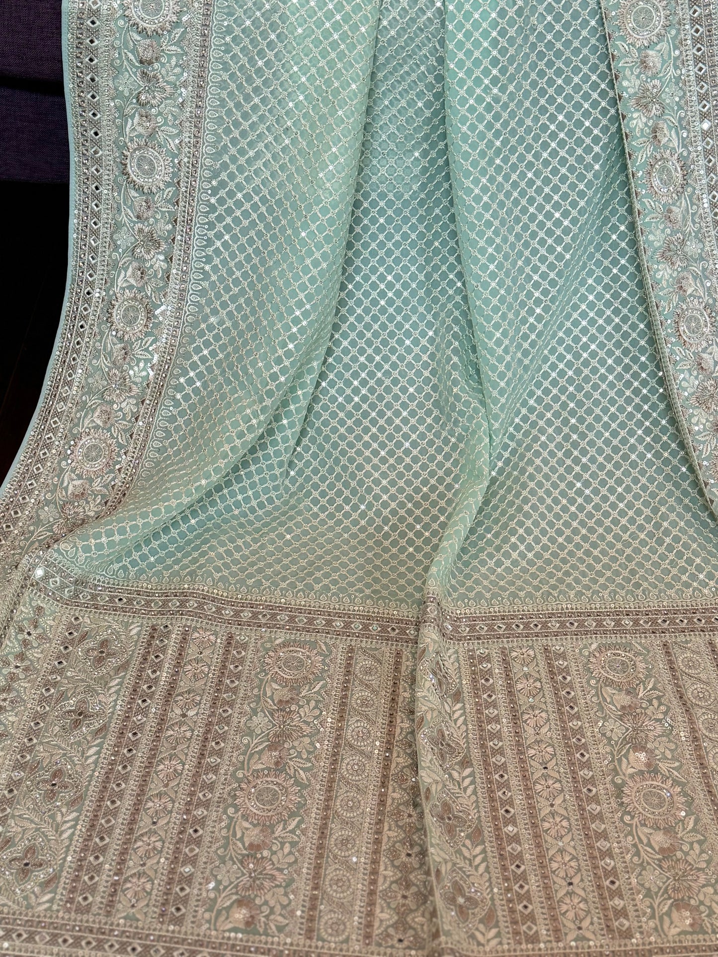 Sea green georgette chikenkari saree with mirror work