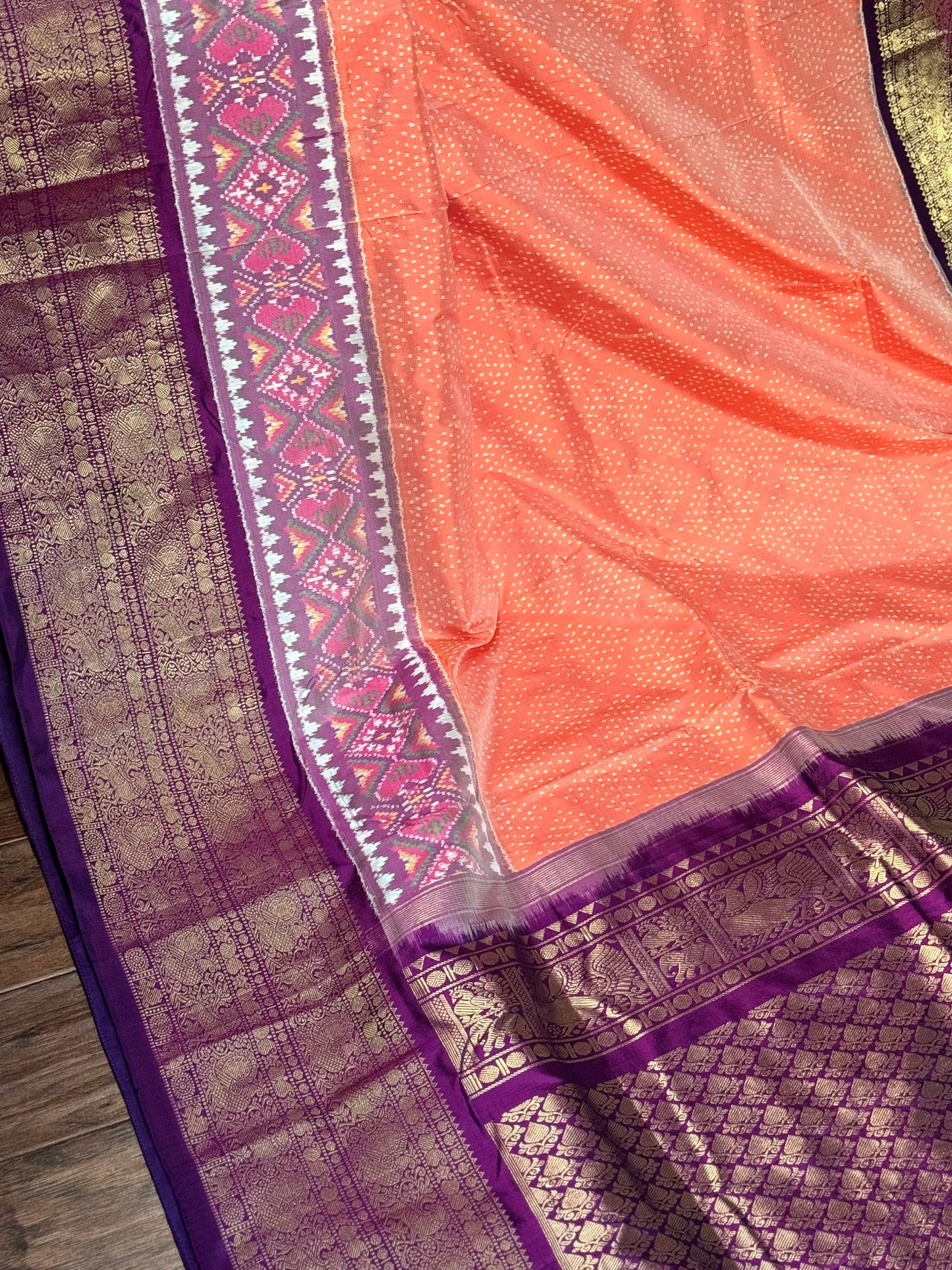 **New**Twill ikkat with Kanchi boarder saree with Patola weaving stitched blouse.