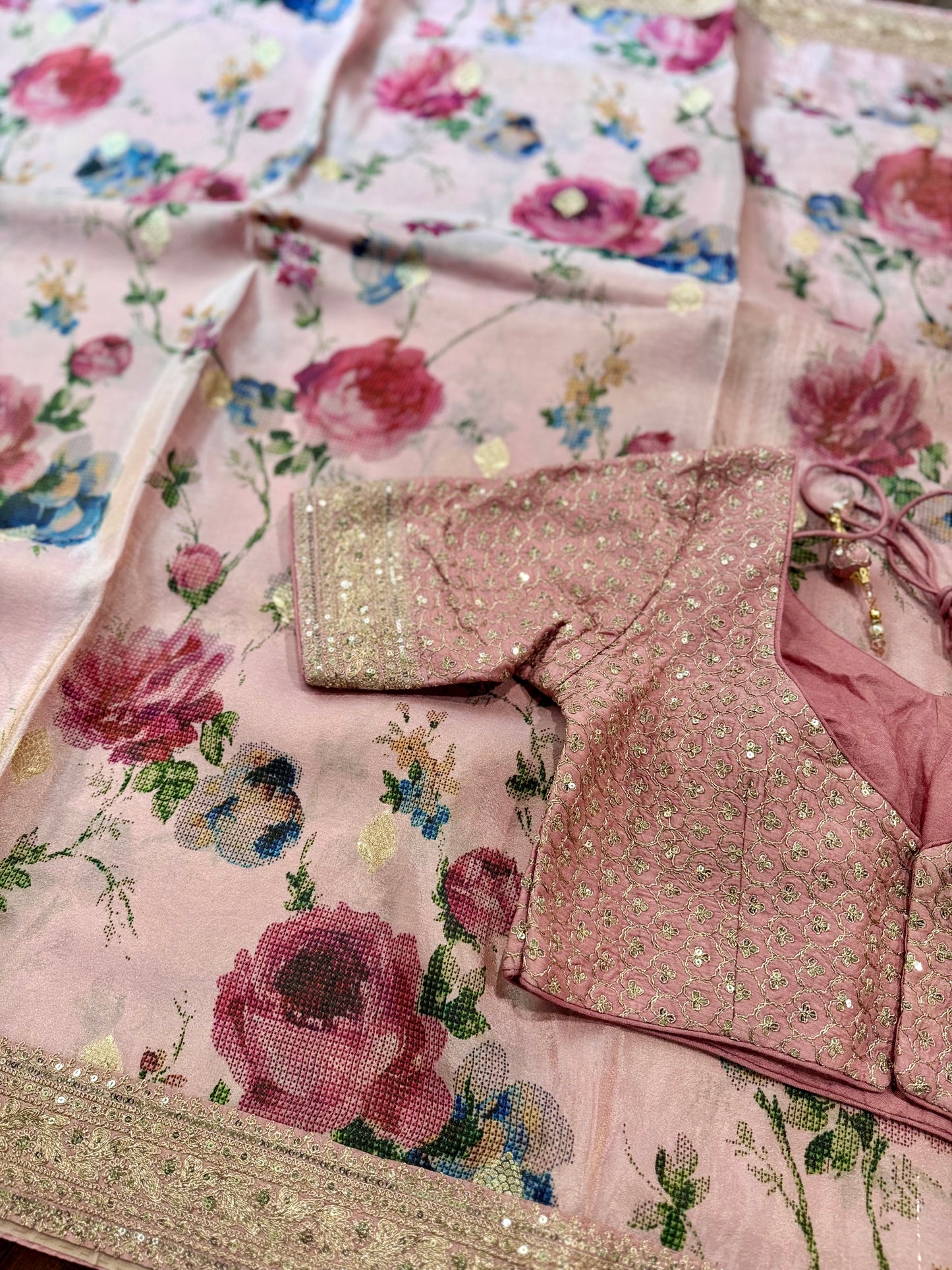 **New**Pink floral Tissue saree with all over work blouse