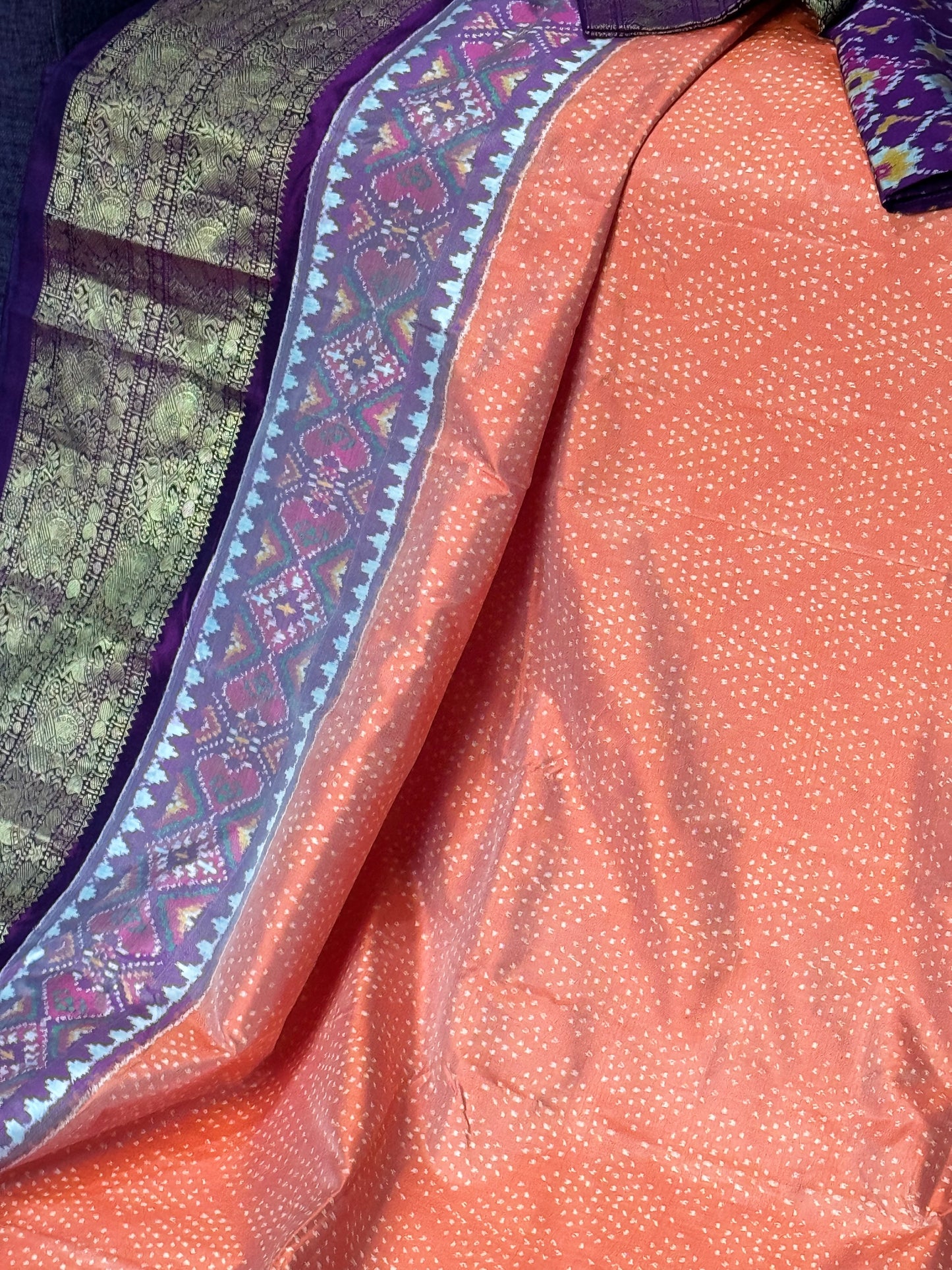 **New**Twill ikkat with Kanchi boarder saree with Patola weaving stitched blouse.