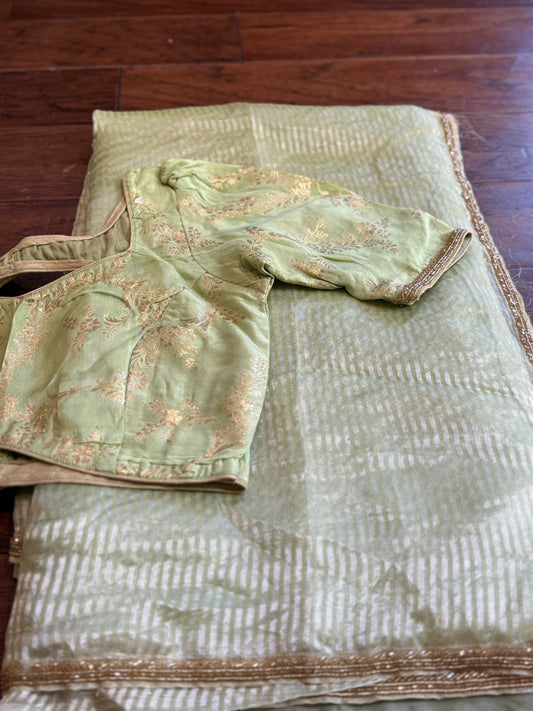 **New** PistaGreen Chanderi Saree With Self Color Stitched Blouse!!!