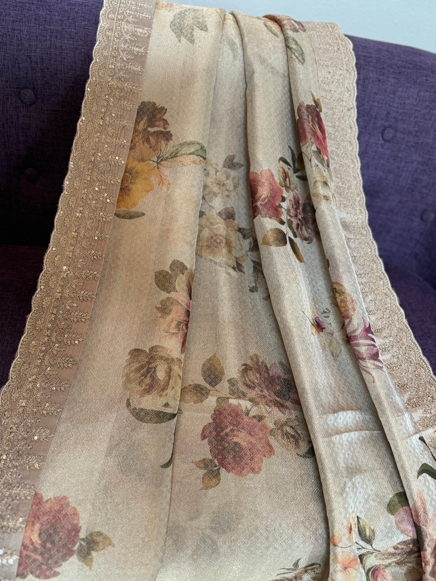 **New**Beige floral tissue silk saree with stitched blouse