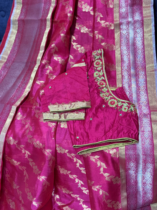**New** Red Chanderi Silk Saree With Self Color Stitched Blouse