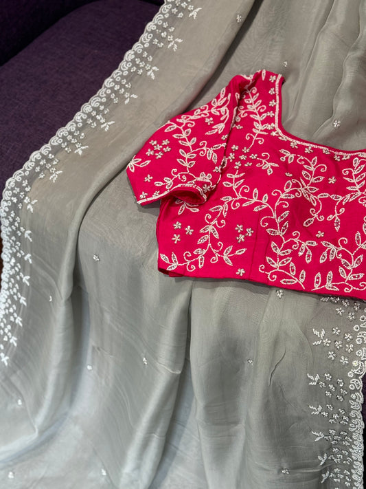 **New** Grey Organza Pearl Work Saree With Contrast Stitched Blouse !!!