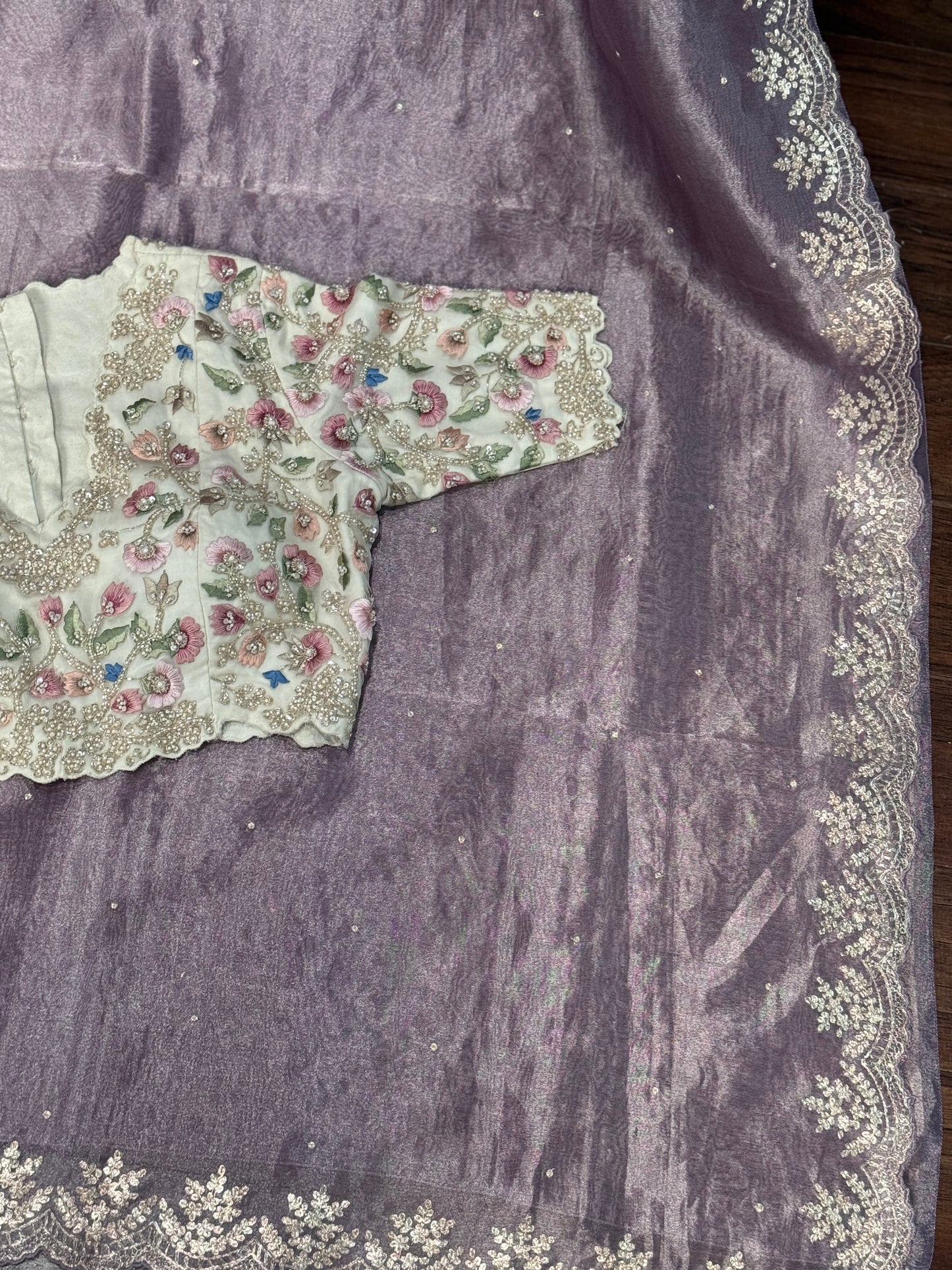 **New**Lavender Tissue saree with allover work blouse