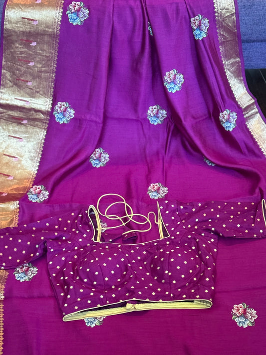 **New** Purple Benaras Silk Saree With Self Color Stitched Blouse!!