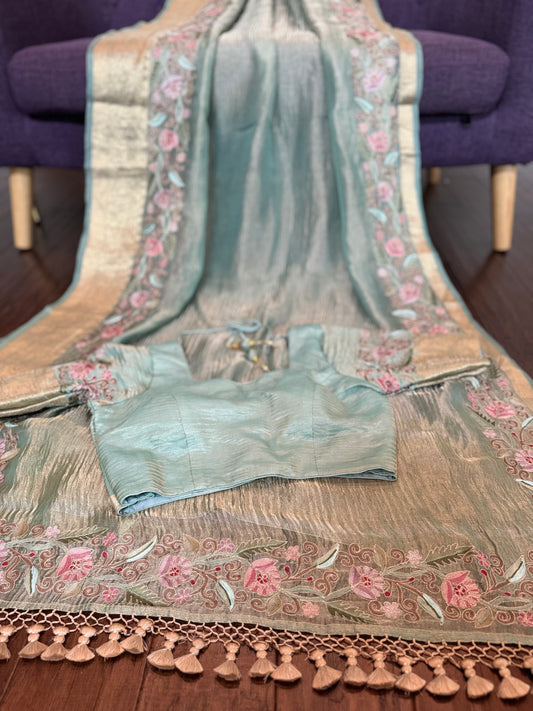 **New**Sea green crushed tissue organza saree with embroidered border