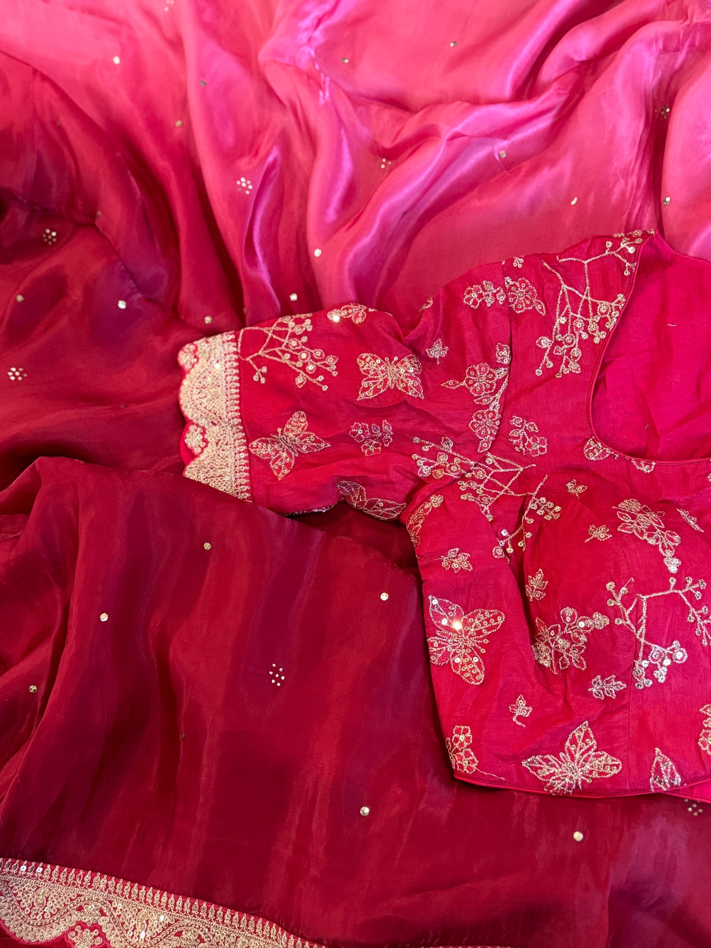 **Sale**shaded satin crepe saree with stitched blouse