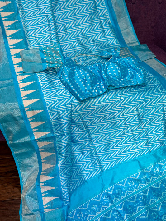 **New** Blue Ikkat Pattu Silk Saree with Self Color Stitched Blouse