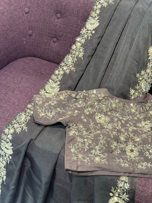 **New** Grey organza Saree with Stitched Blose