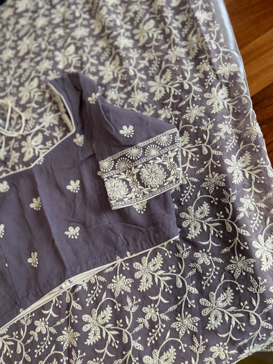 **New** Lavender Georgette Chikankari Saree With Self color Stitched Blouse!!!