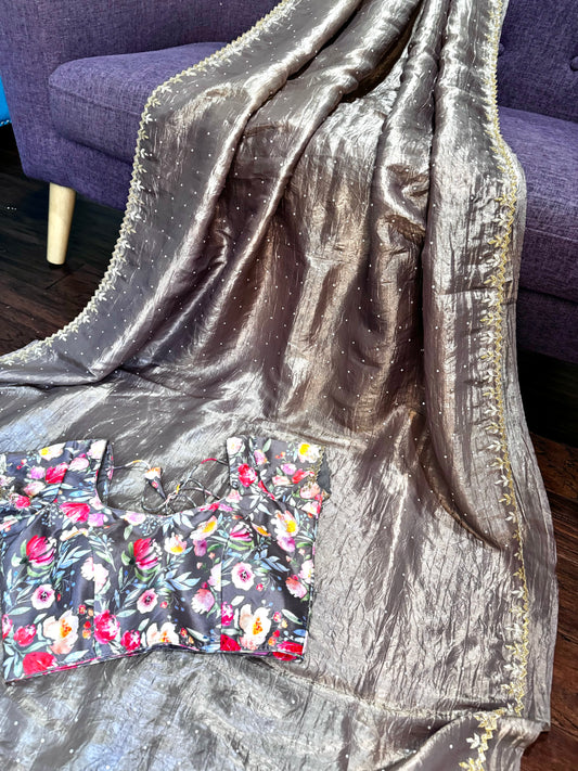 **New** Brown Crushed Organza Saree With Floral Stitched Blouse!!!