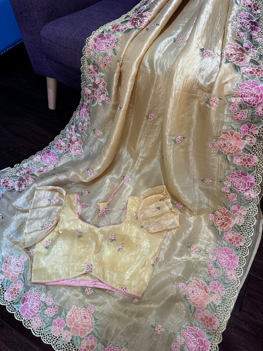 **New** Pastel Yellow Crushed Organza Saree With Self color Blouse