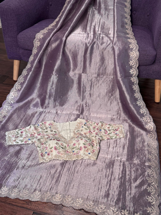 **New**Lavender Tissue saree with allover work blouse