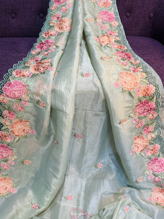 **New** Pastel Green Crushed Organza Saree With Self Color stitched Blouse !!