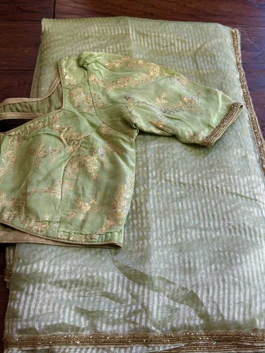 **New** PistaGreen Chanderi Saree With Self Color Stitched Blouse!!!