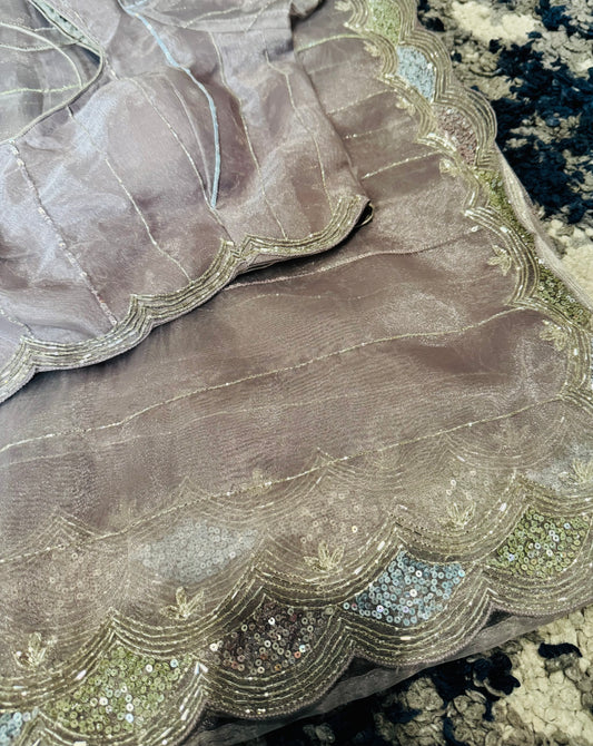 **New** Pastel Pink Organza Work Saree With Self Color Stitched Blouse