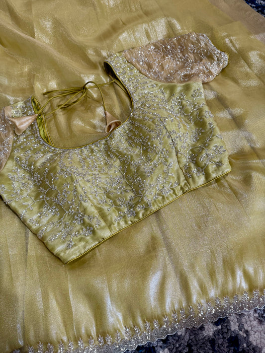 **New** Gold Tissue Organza Saree With Self Color Stitched Work Blouse
