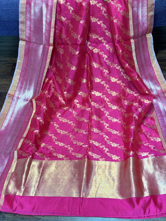 **New** Red Chanderi Silk Saree With Self Color Stitched Blouse