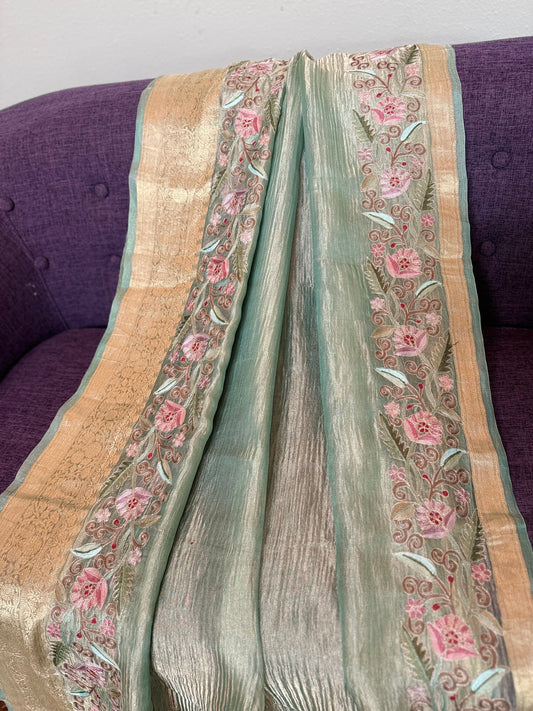 **New**Sea green crushed tissue organza saree with embroidered border