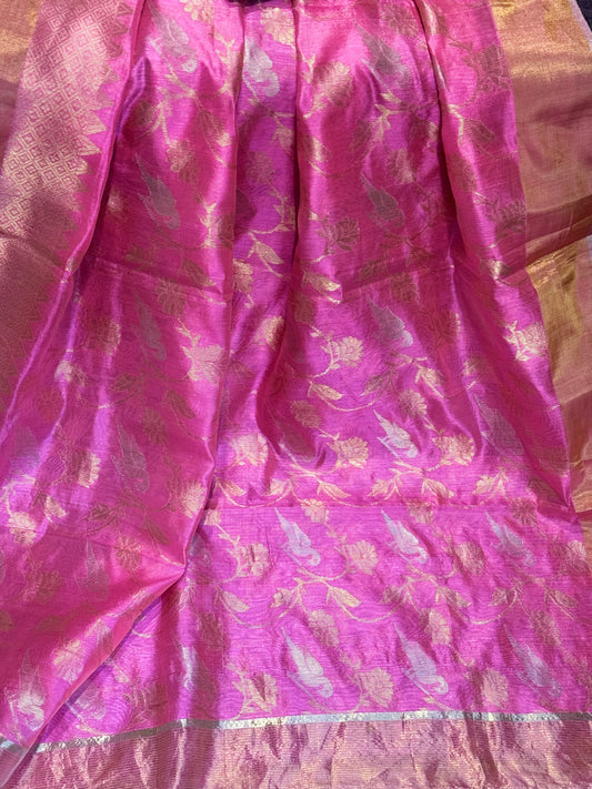 **New** Pink Chanderi Silk Saree With Contrast Stitched Work Blouse