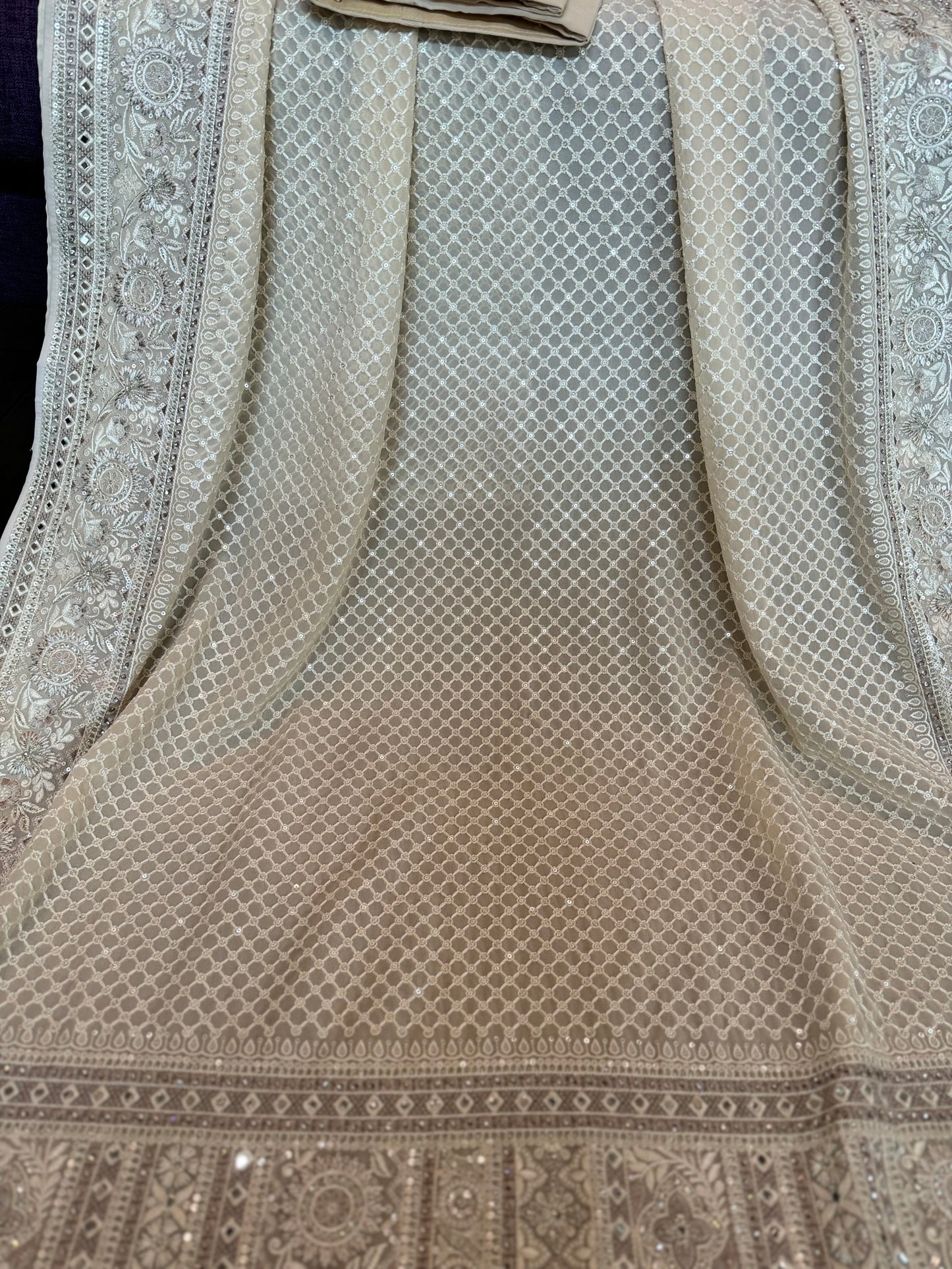 Beige georgette chikenkari saree