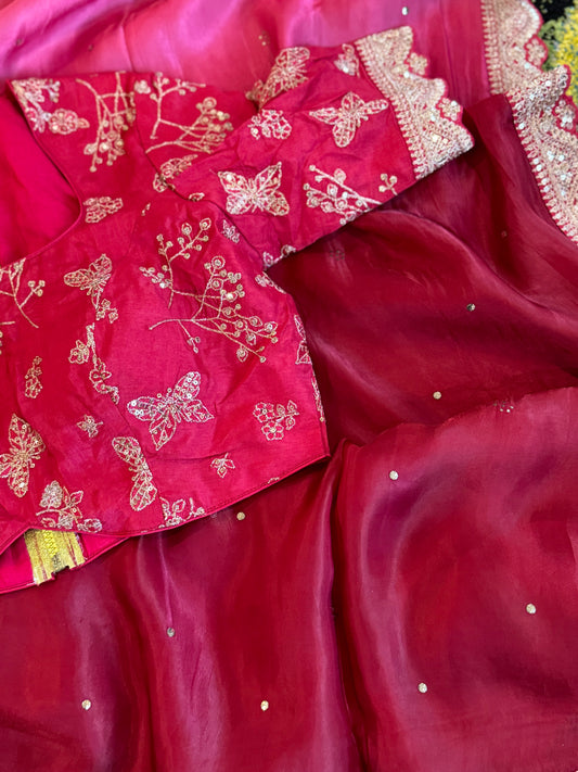 **Sale**shaded satin crepe saree with stitched blouse