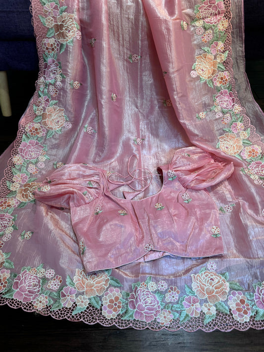 **New** Pastel Pink Crushed Organza Saree with Self Color Stitched Blouse !!!