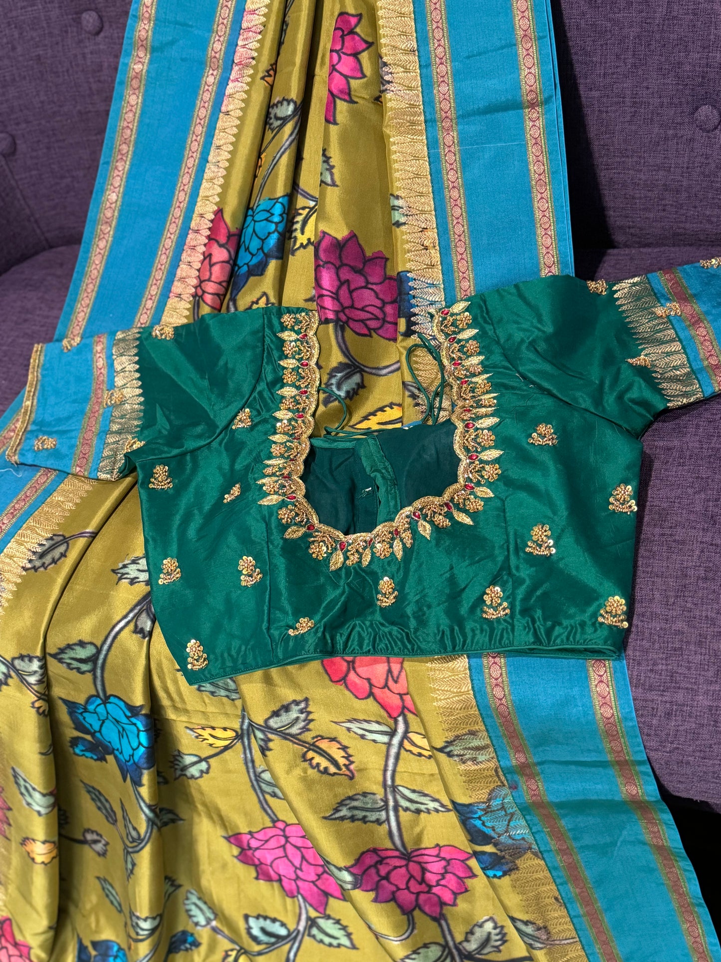 **New**Mysore silk saree with kalamkari print and contrast boarder paired with maggam work blouse