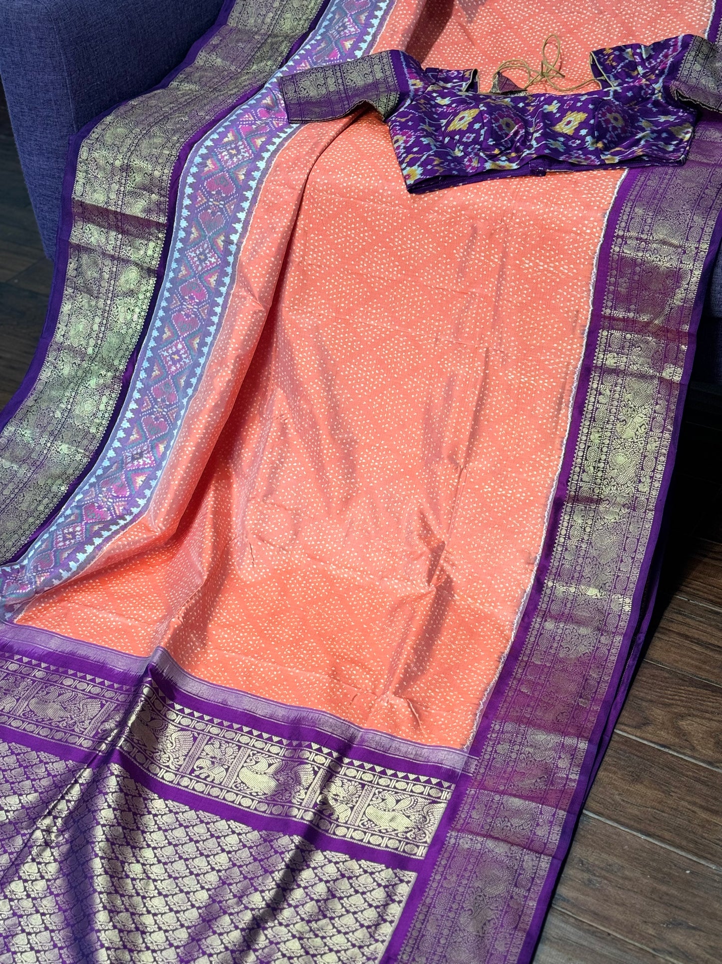 **New**Twill ikkat with Kanchi boarder saree with Patola weaving stitched blouse.