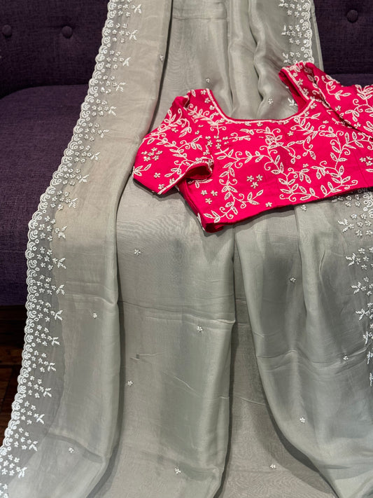 **New** Grey Organza Pearl Work Saree With Contrast Stitched Blouse !!!