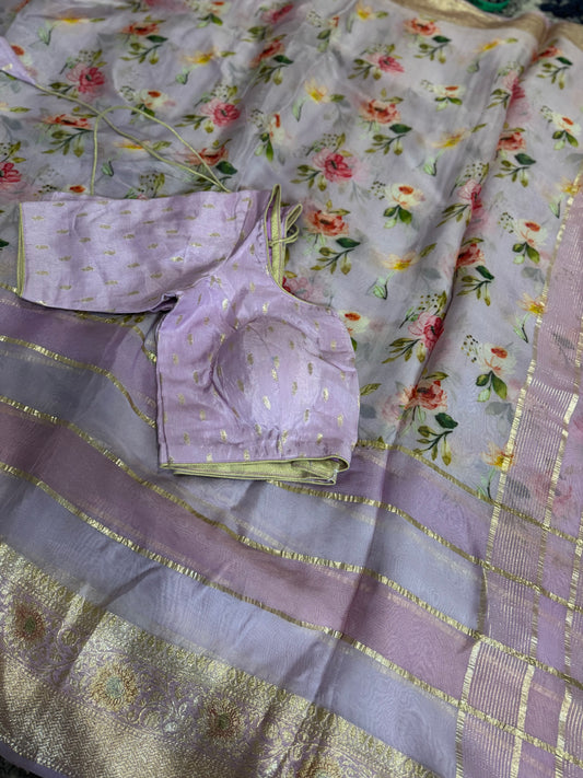 lavender Floral Georgette Saree With Self Color Blouse