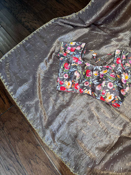 **New** Brown Crushed Organza Saree With Floral Stitched Blouse!!!
