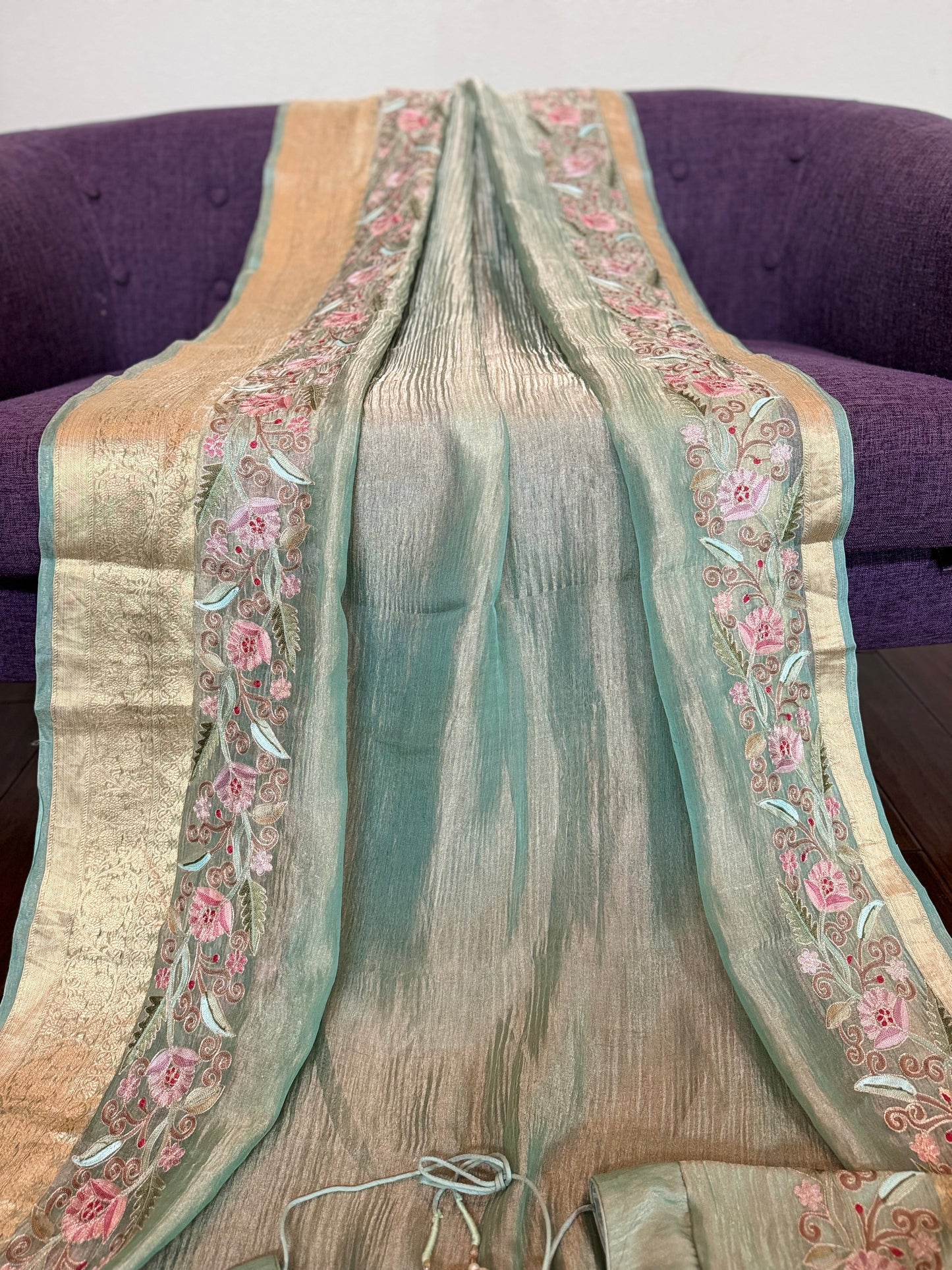 **New**Sea green crushed tissue organza saree with embroidered border