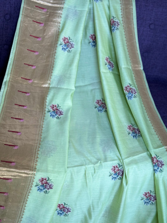** New** Green Benaras Silk Saree With Self Color Stitched Blouse
