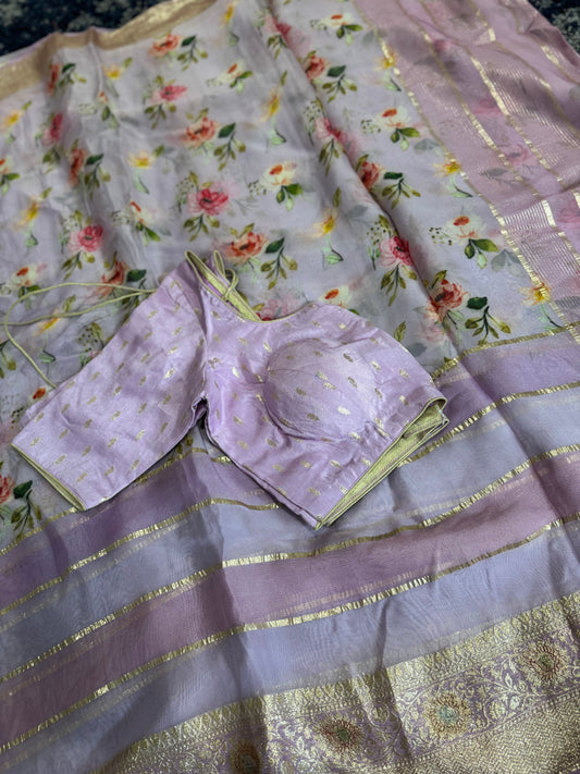 lavender Floral Georgette Saree With Self Color Blouse