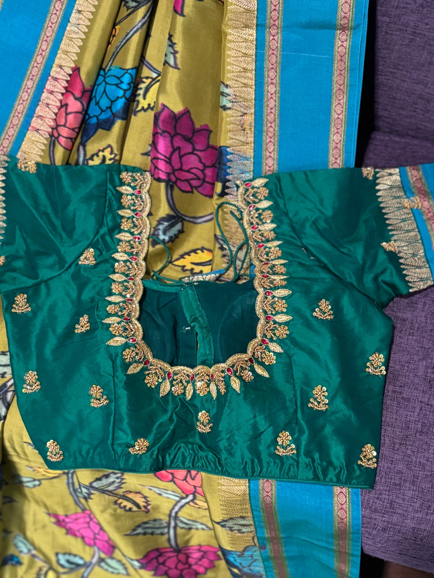 **New**Mysore silk saree with kalamkari print and contrast boarder paired with maggam work blouse