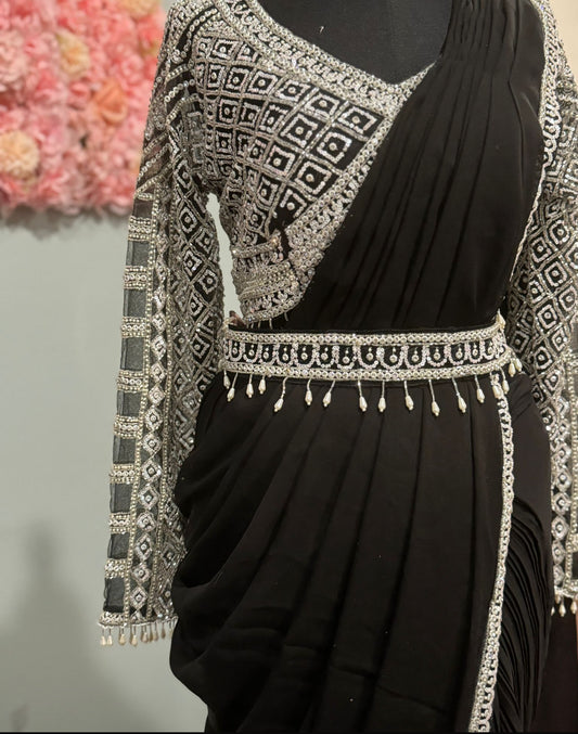 ** New ** Black Predrade Saree With Long Sleeve Stitched Blouse !!