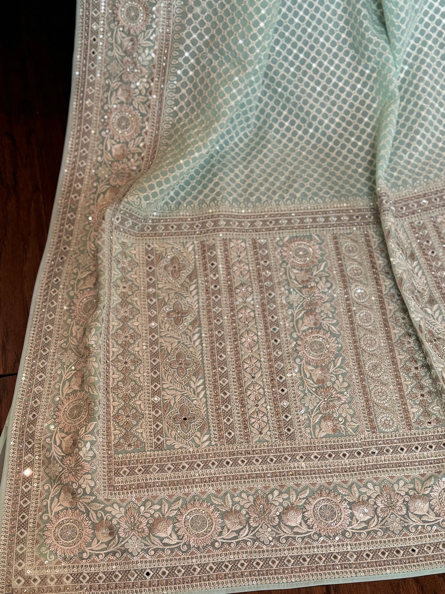 Sea green georgette chikenkari saree with mirror work