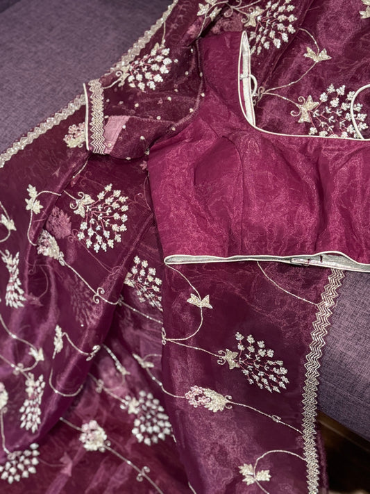**New** Allover Wine Color organza Saree With Self Color Blouse