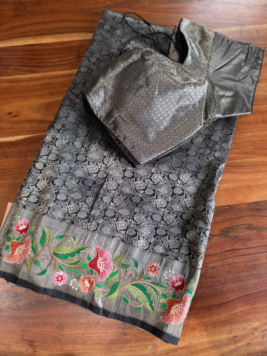 **New** Black Brocade Saree With Self Color Stitched Blouse !!