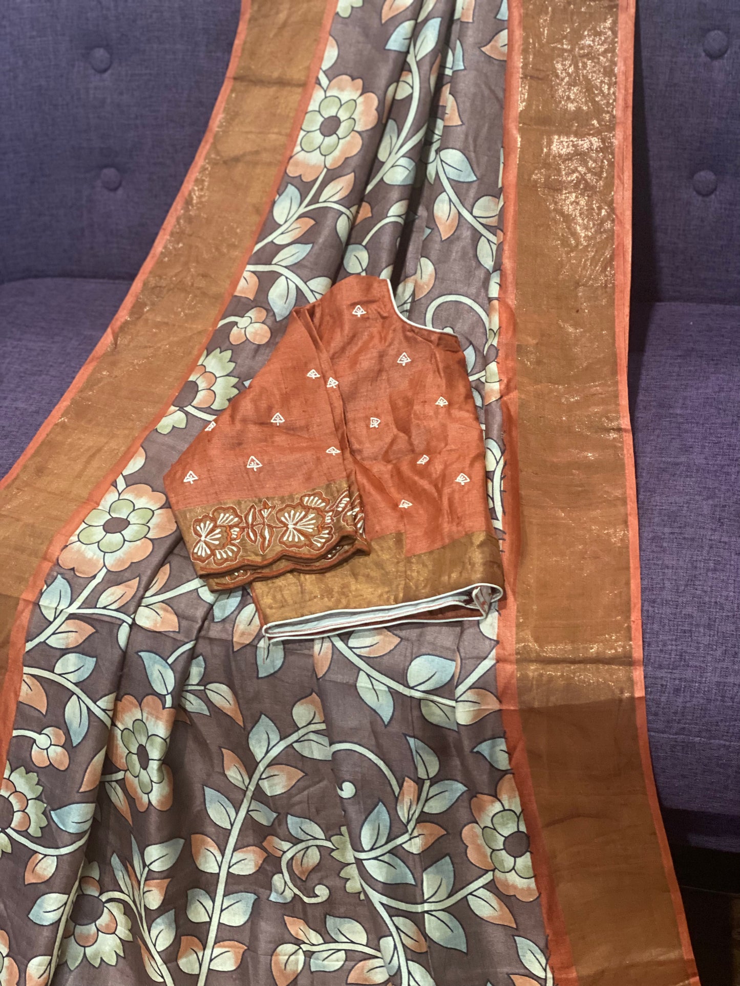 **New**Tussar Kalamkari saree with stitched work blouse