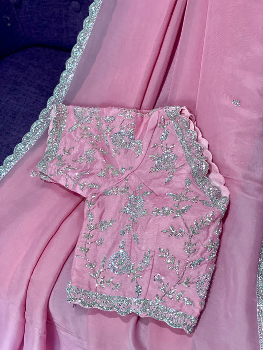 **New** Pink Organza saree with scallop border with heavy work blouse