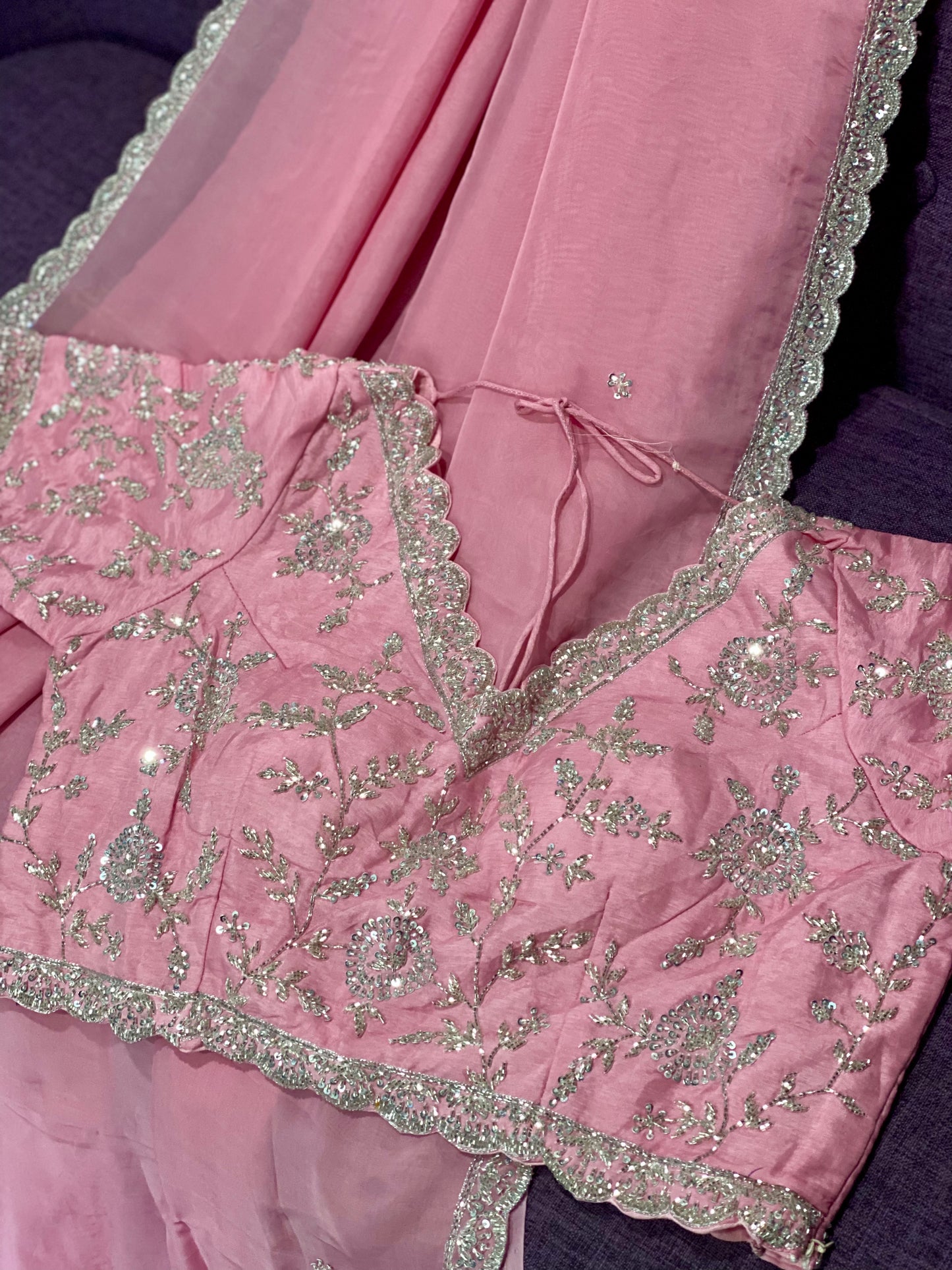 **New** Pink Organza saree with scallop border with heavy work blouse