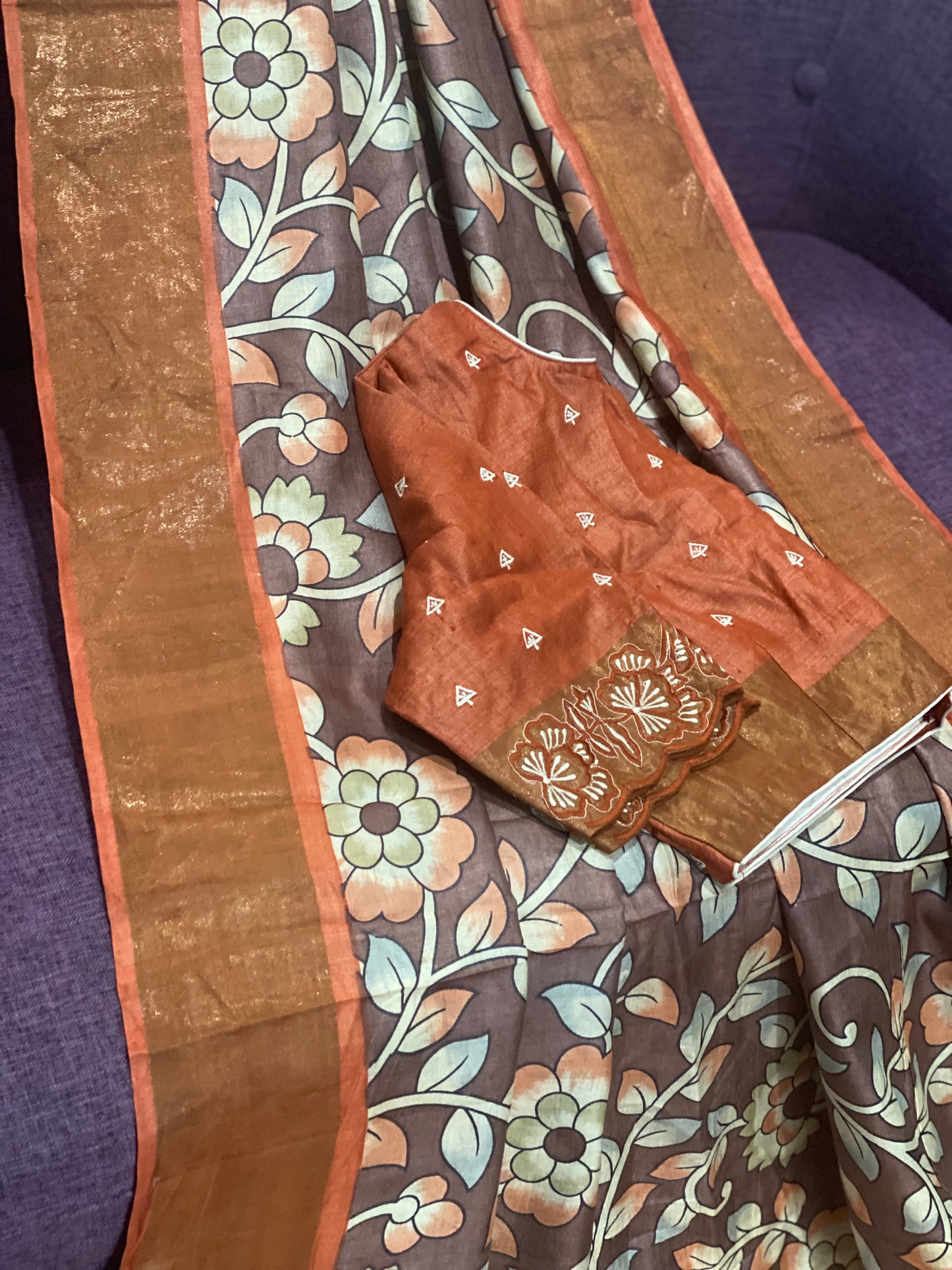 **New**Tussar Kalamkari saree with stitched work blouse