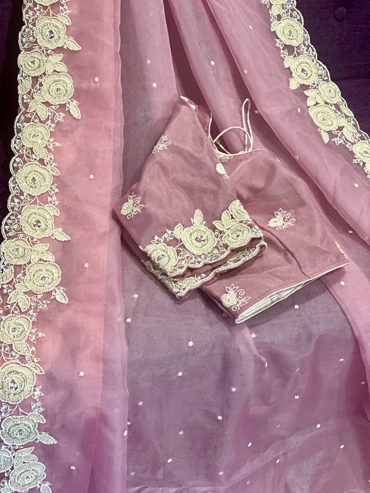 **New**Organza pearl work saree with stitched blouse