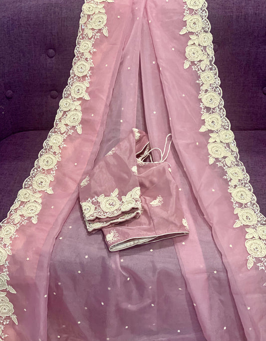 **New**Organza pearl work saree with stitched blouse