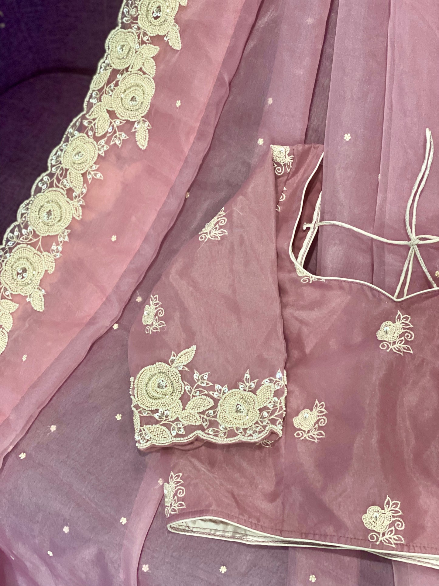 **New**Organza pearl work saree with stitched blouse